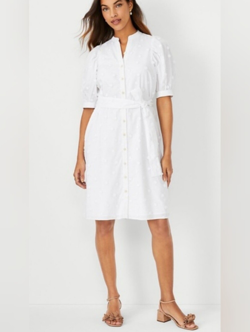 ANN TAYLOR White Eyelit Coquette Puff Sleeve Button Down Shirt Dress NWT SZ M